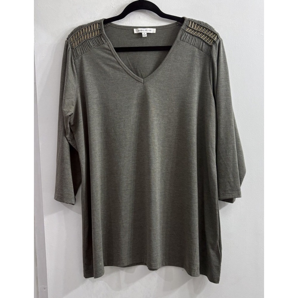 Rose & Olive Popover 1X Olive‎ Green V Neck Tunic Top Gold Accents 3/4 Sleeve
